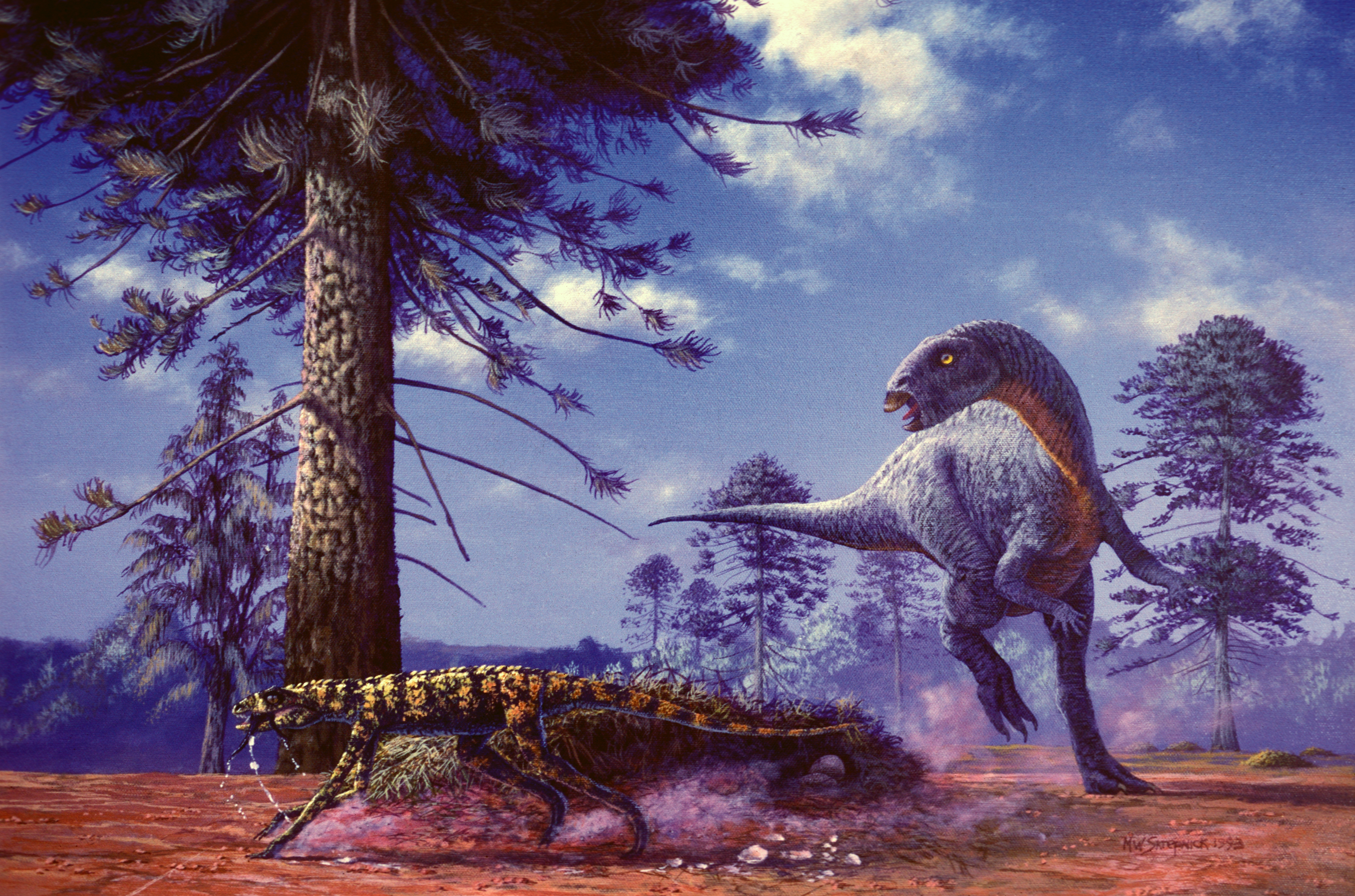 Dryosaurus nesting Mike Skrepnick 1993. There is a large Dryosaurus (blue) chasing away what looks like a small crocodilian away from its nest.